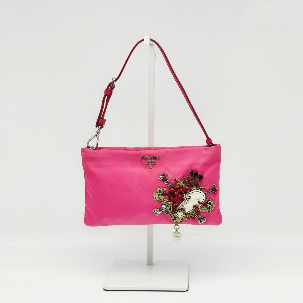 Prada Pink Nylon Jeweled Heart Wristlet Pouch Clutch Bag Italy